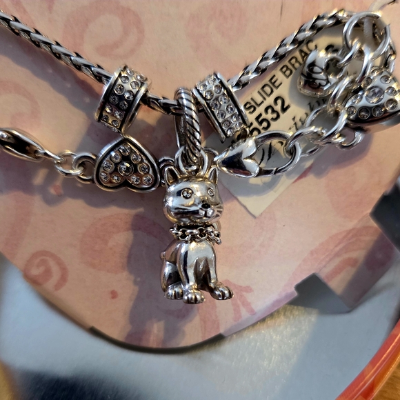BRIGHTON "ABC Slide Bracelet" W/ Kitty & Crystal Spacer Charms WHIMSICAL! - Picture 2 of 6